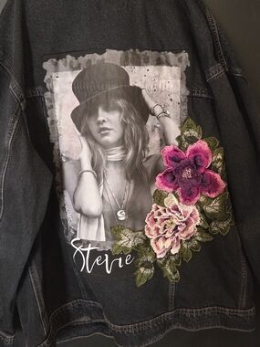 Universal Thread Black Denim Jacket with Pink Floral Embroidery